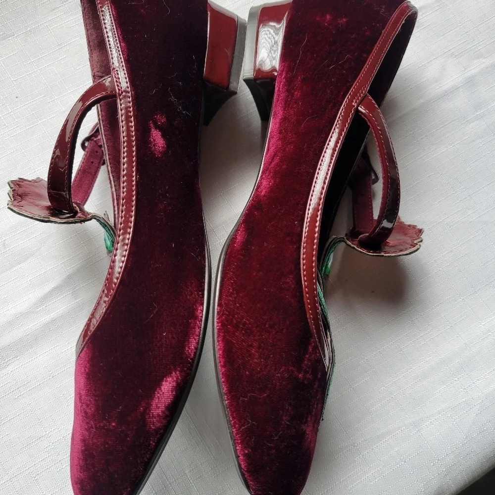 Miss L Fire Floral  Velvet Embroidered  Burgundy Mary Jane Shoes Size 6.5